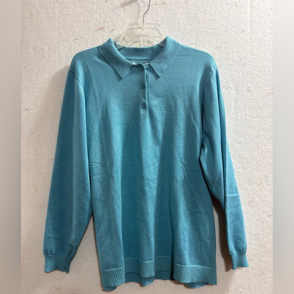 Long-Sleeve Teal Collared Knit Pullover